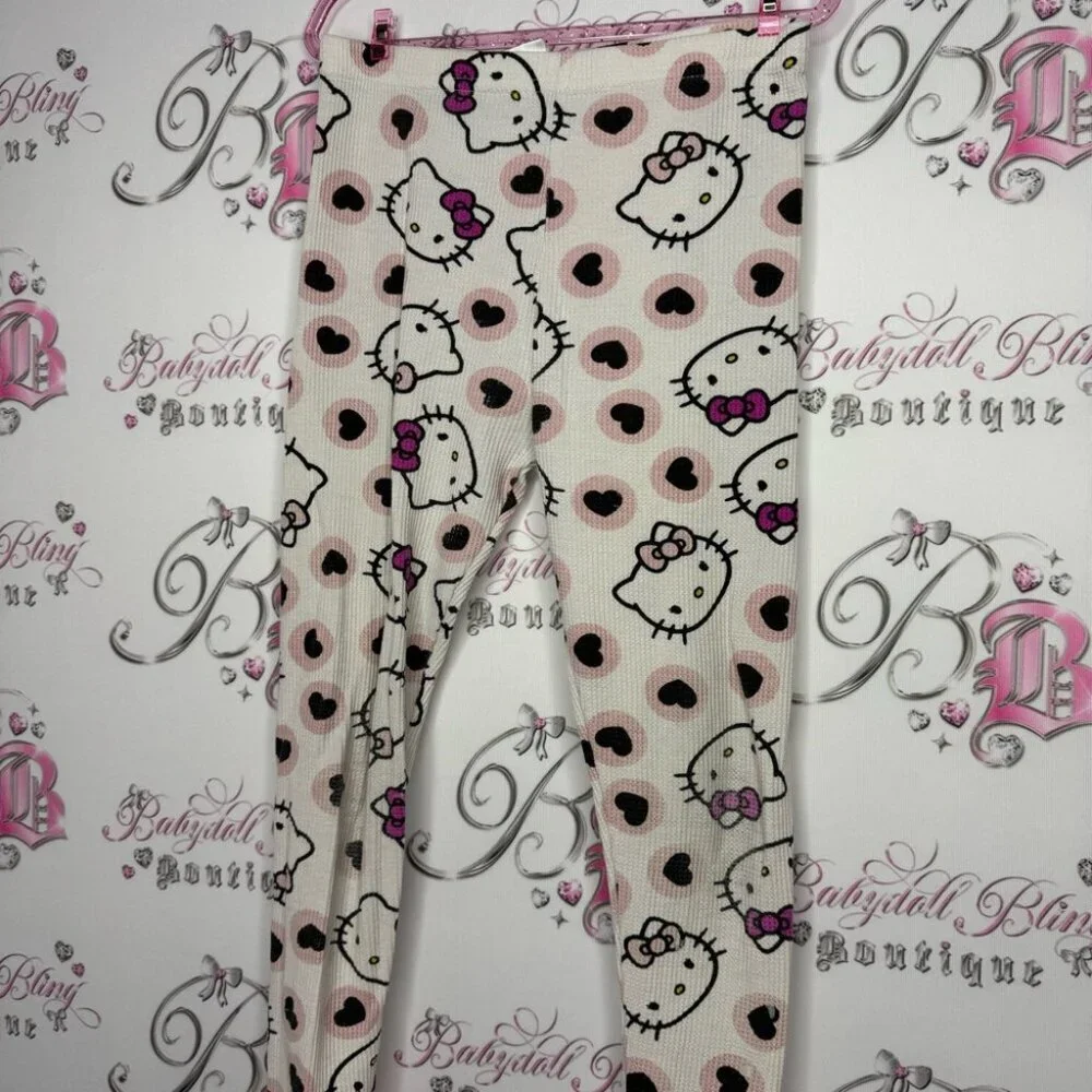 Hello kitty leggings waffle knit thermal cat pants kids cute pink stretchy